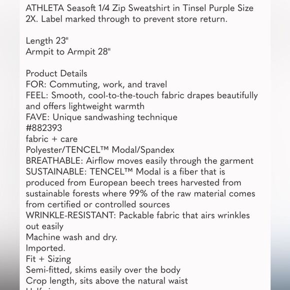 ATHLETA SeaSoft 1/4 Zip Sweatshirt 3X athleisure zip front high neck lavender. - Picture 7 of 9
